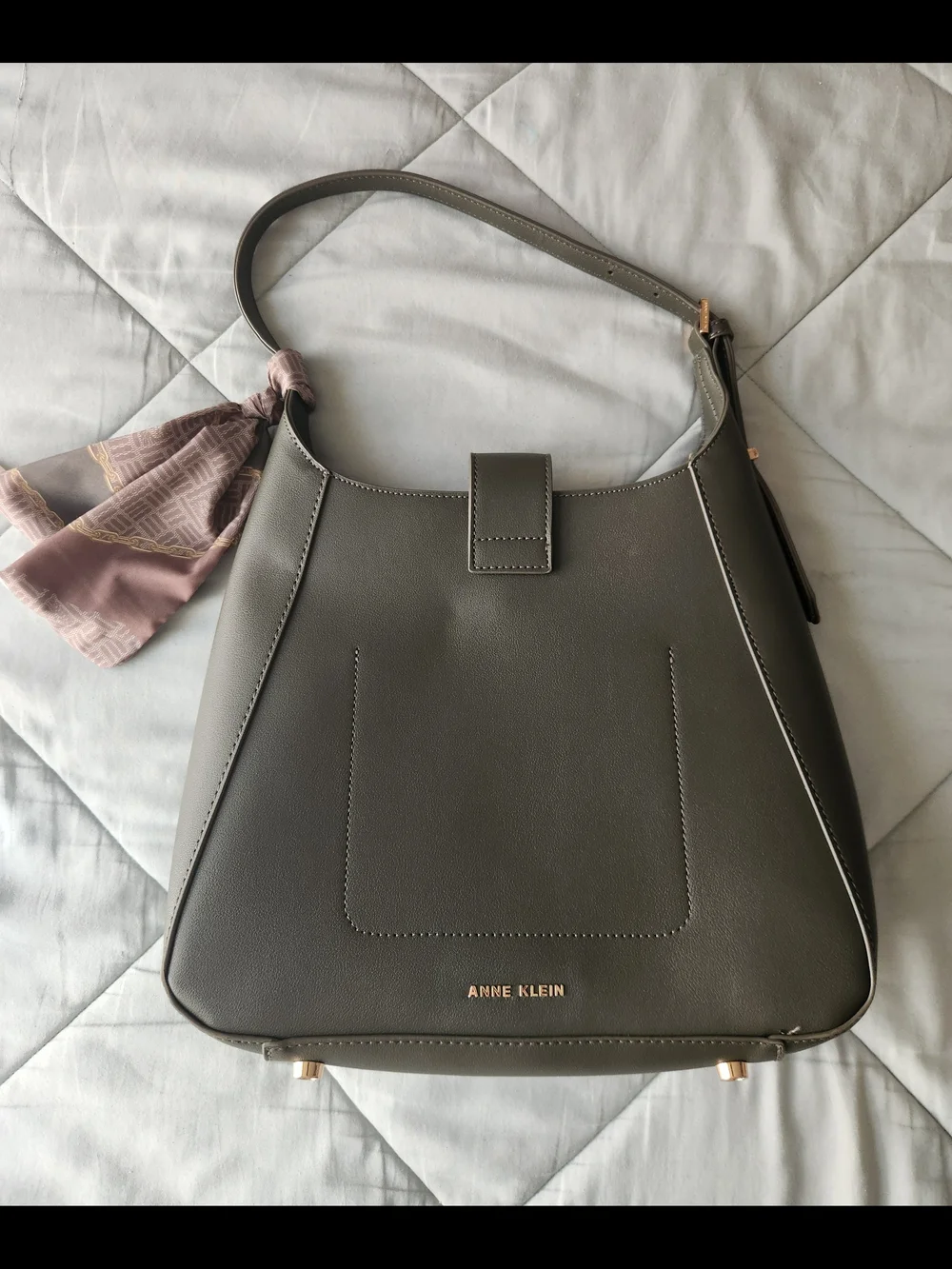 Anne Klein Olive Green Leather Shoulder Bag with Scarf Accent - Picture 4 of 4